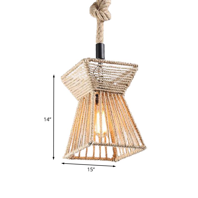 8"/15" Wide Beige 1-Bulb Ceiling Light Farmhouse Rope Onion/Hourglass Hanging Pendant Lamp for Coffee Shop