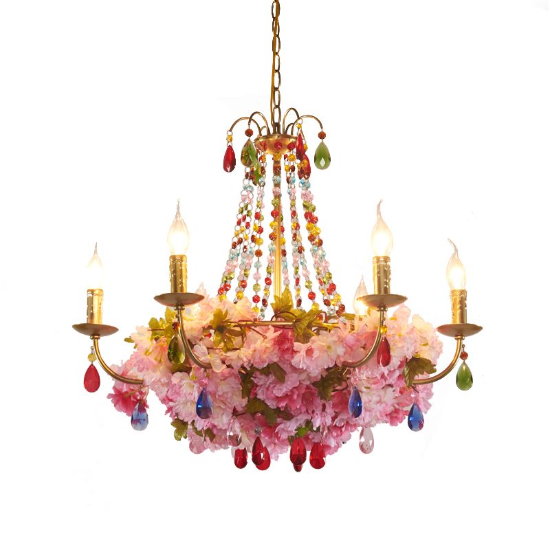 Candlestick Restaurant Hanging Chandelier Antique Iron 6/12 Lights Gold Flower Pendant with Colorful Crystal