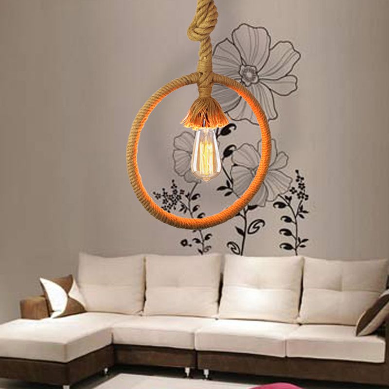 Ring Restaurant Hanging Light Kit Industrial Rope 1-Light Beige Suspended Pendant Lamp with Knots Cord