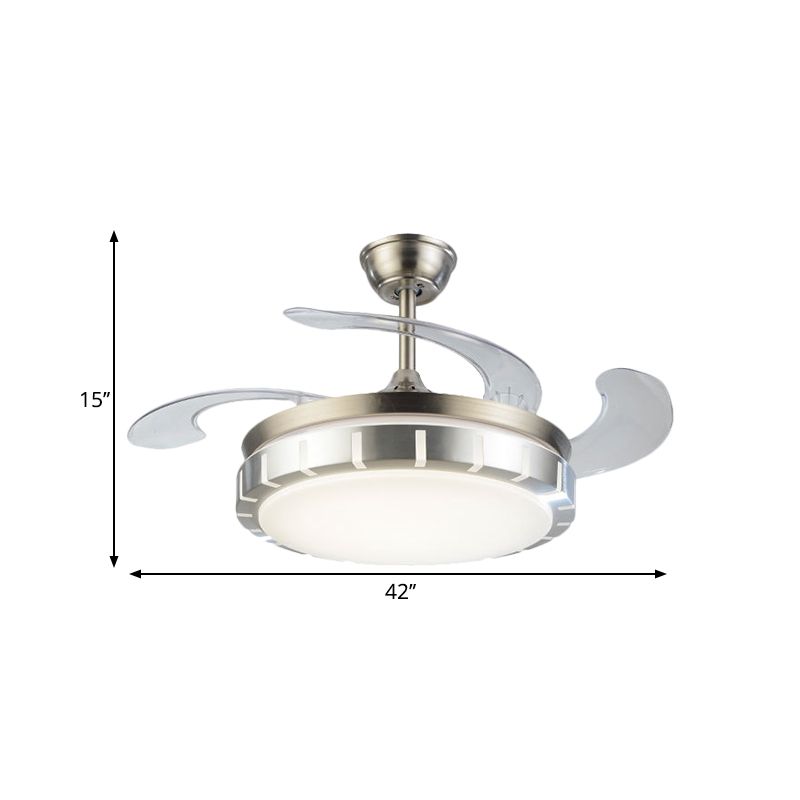 Trommelvorm hangende ventilator licht eigentijdse metalen metalen 42 "breedte led zilveren semi -montage verlichting met 4 heldere messen