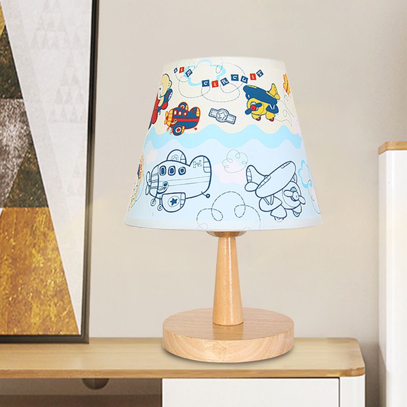 Fabric Conical Table Lamp Cartoon 1 Head Wood Nightstand Light with Airplane/Elephant/Bear Pattern for Bedroom