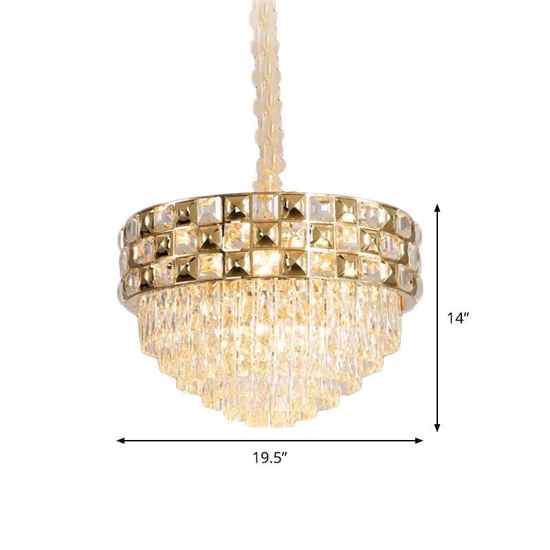 Gold 14-Bulb Pendant Light Postmodern Clear Crystal Tiered Round Chandelier Lamp for Bedroom