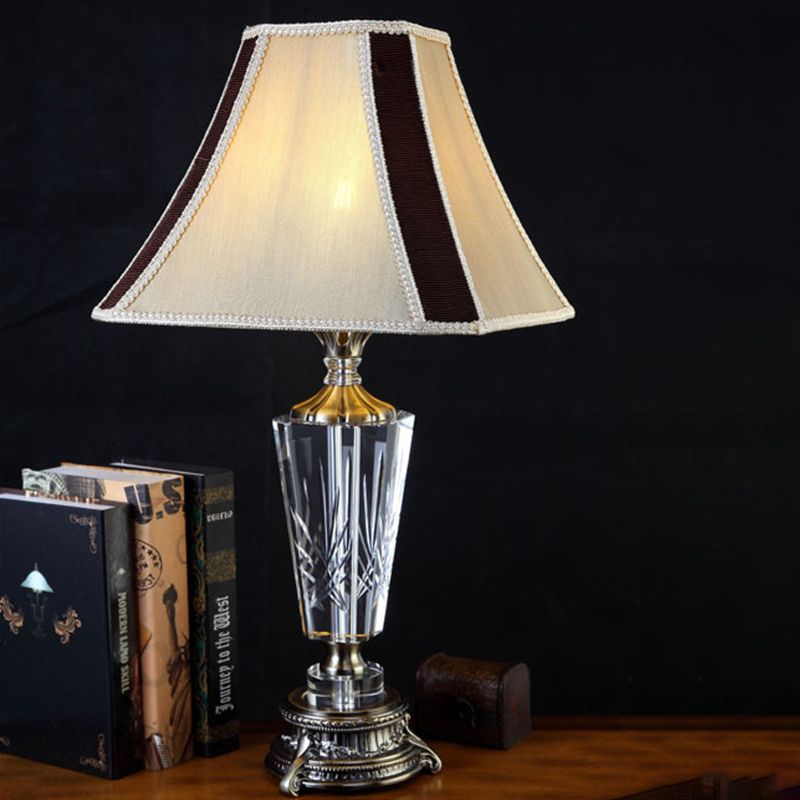 Fabric Bell Table Lamp Modern 1 Head Beige Desk Light with Sculpted Bronze Metallic Base