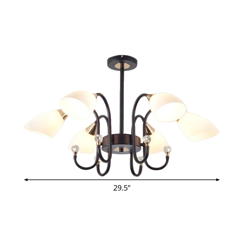 Black Curve Arm Hanging Ceiling Light Rustic 6/8/10 Heads Black Iron Chandelier Light with Cone Frosted Glass Shade