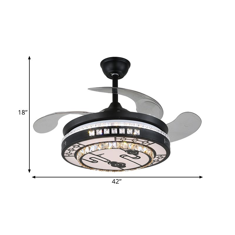 4 Blades LED Round Semi Flush Modern Black Finish Clear Square Crystals Hangende ventilatorlicht, met Chinese knoop/bloem/half cirkelvormig patroon, 19 breed