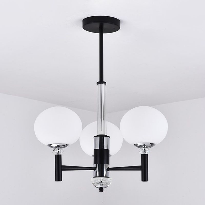 Globe-Shaped Chandelier Pendant Light Modern Style Ivory Glass 3/6/8 Lights Living Room Hanging Lamp in Black