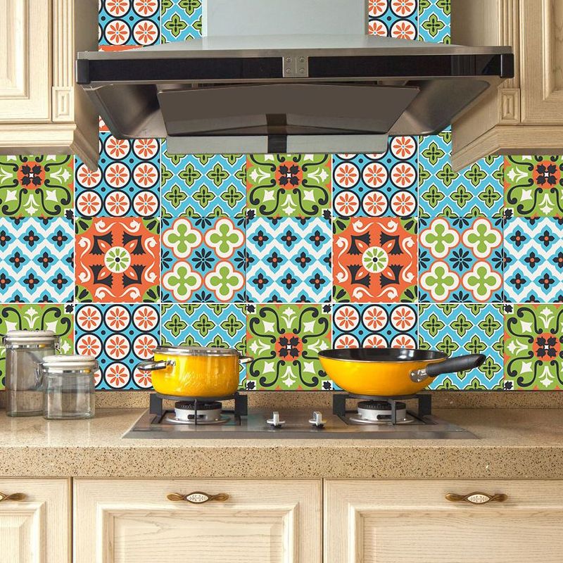 Floweret Peel and Paste Wallpaper Panels Blue-Green Bohemian Wall Decor for Kitchen