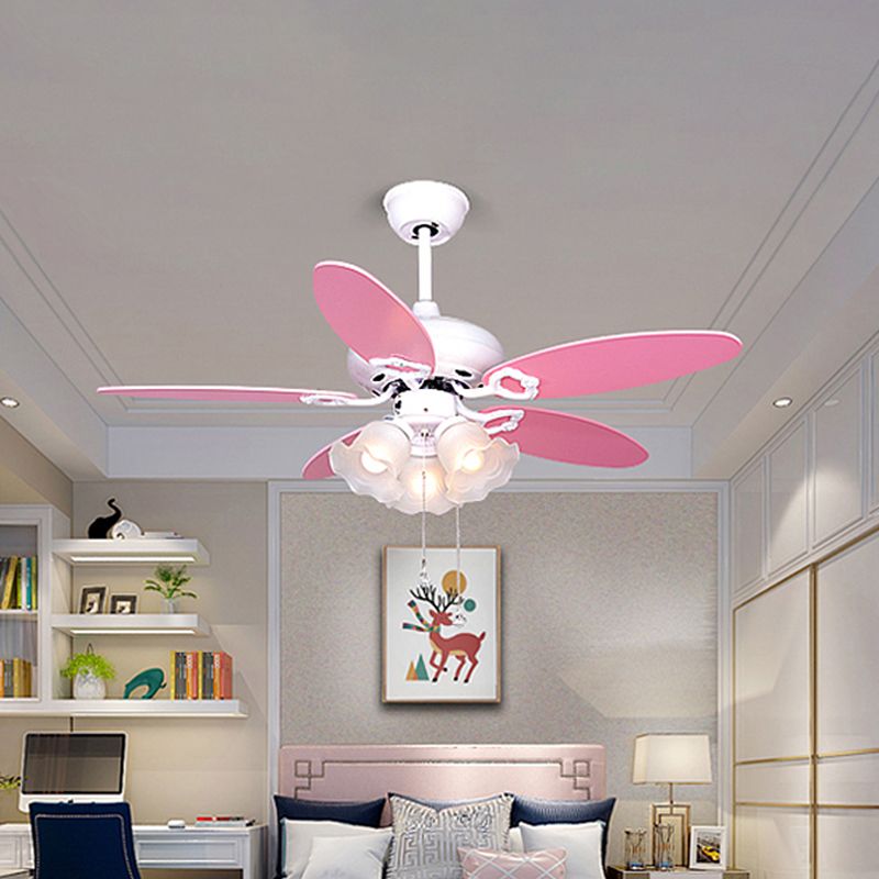 3-Bulb Semi Flush Light Kids Bedroom 5 Pink Blades Hanging Fan Lamp with Floral Opal Glass Shade, 42" W