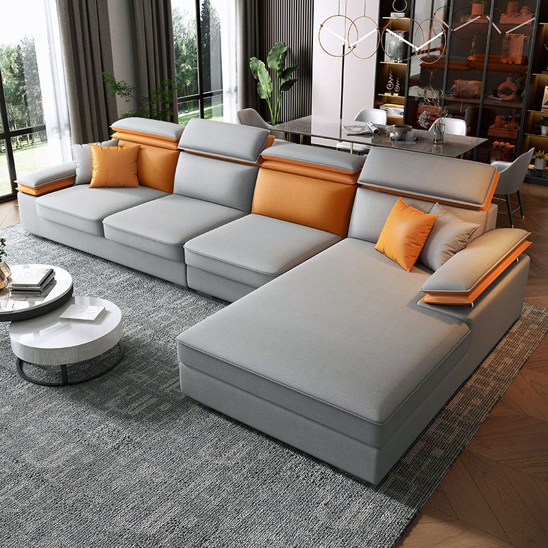 Grey L-Shape Sectional with Pillow Back Cushions Sofa for Living Room