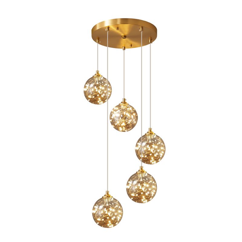 Finition en laiton globe suspension lampe nordique en verre ambre LED Éclairage pendentif étoilé pour la chambre