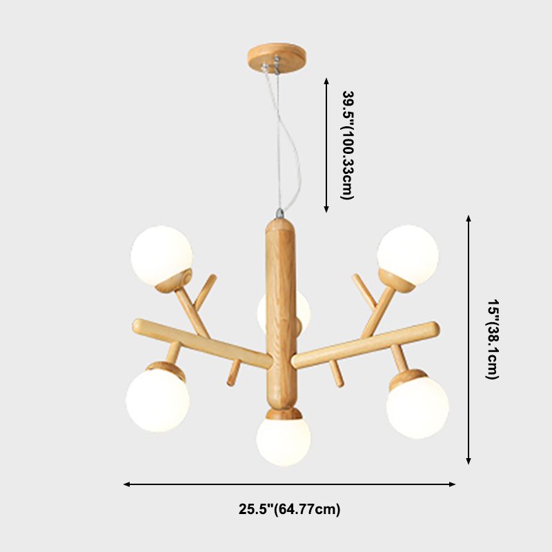 Branche en bois lustre des pendentifs multi-têtes modernes avec une teinte en verre blanche