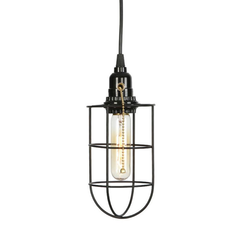 Vintage Industrial Style Metal Cage Hanging Light with Pulled Chain Switch Design Single Bulb Coffee Shop Pendant Lamp