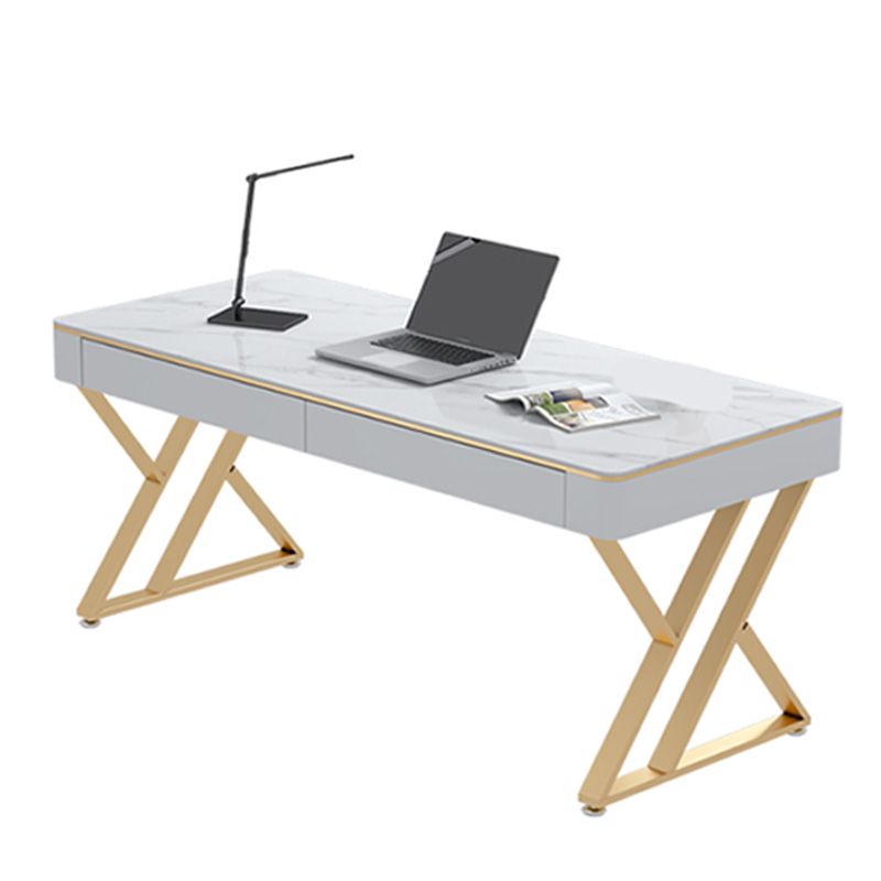 Glam Sintered Stone Office Desk 29.52 H White Writing Desk for Home