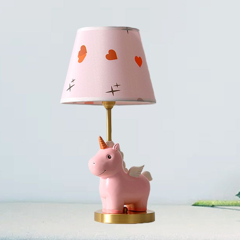 Sika Deer/Unicorn Bedside Table Lamp Resin Single Kids Night Light in Pink/Blue with Tapered Fabric Shade