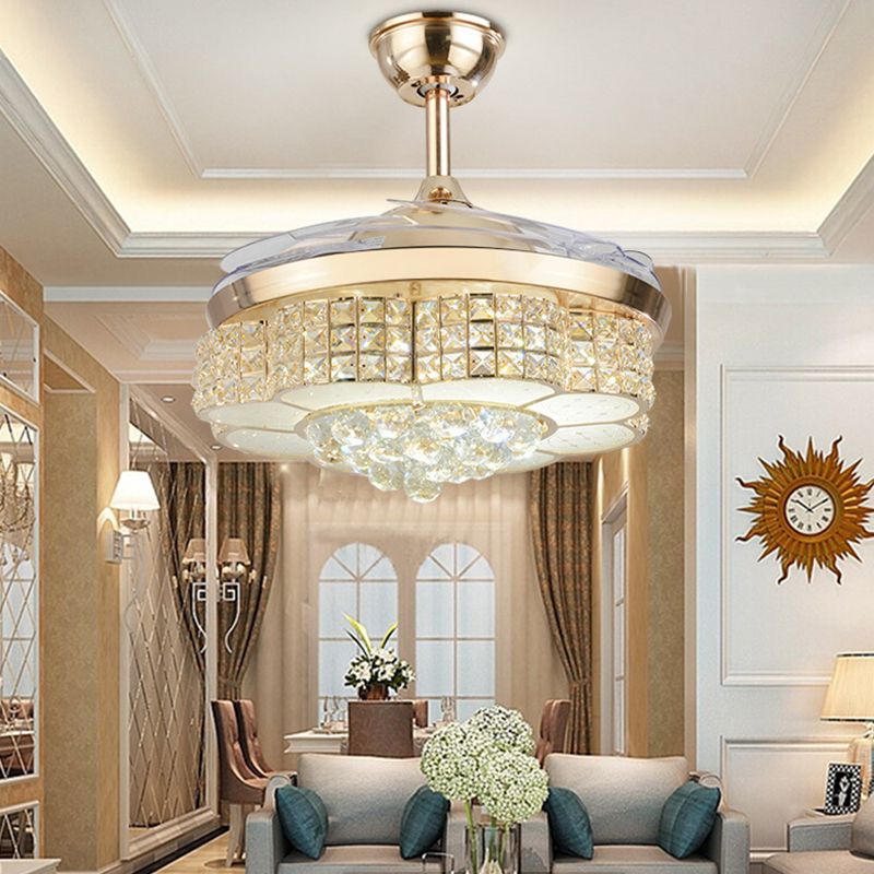 4-Blade Minimal Floral Ceiling Fan Light Crystal Encrusted Living Room LED Semi Flush, 19" Wide