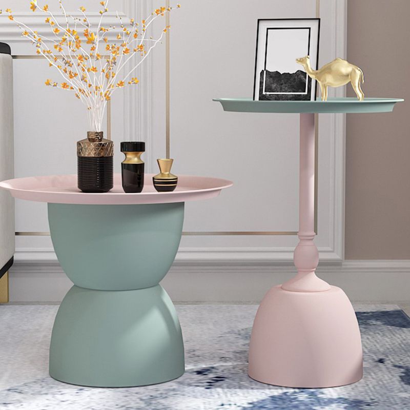 Iron Pedestal End Table Blue/ Pink Round Metal Tray Top Side End Table