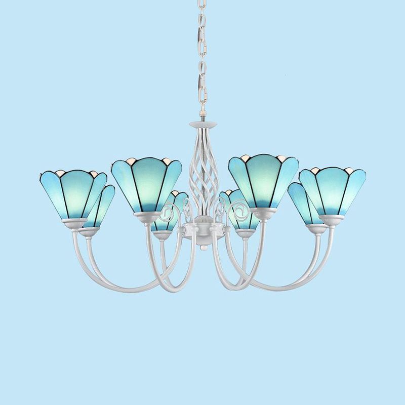 Multi Light Conical Chandelier with White Gooseneck Traditional Blue Glass Ceiling Pendant for Living Room