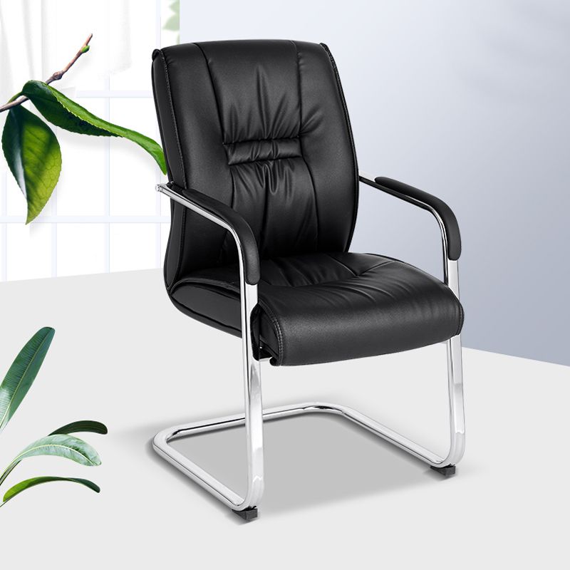 Modern Black Leather Desk Chair Fixed Arms Task Chair for Office