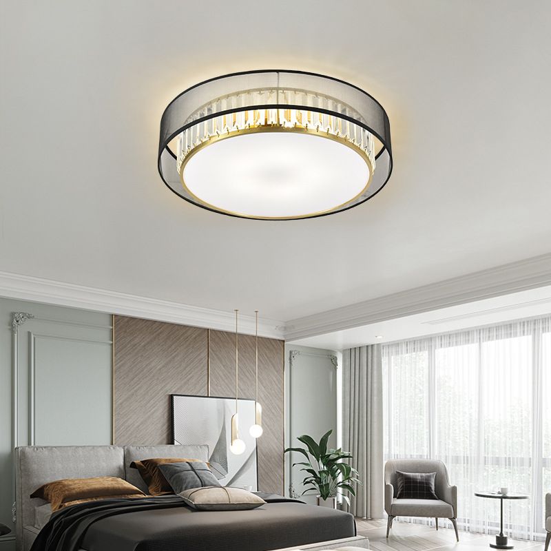 Modern Flush Light Drum Ceiling Lighting with Crystal and Fabric for Bedroom