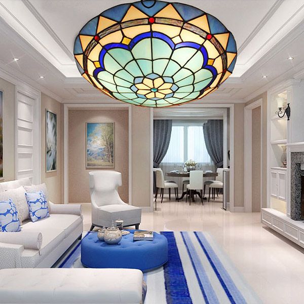 1-Light Bowl Flush Mount Tiffany Style Glass Ceiling Light for Hallway