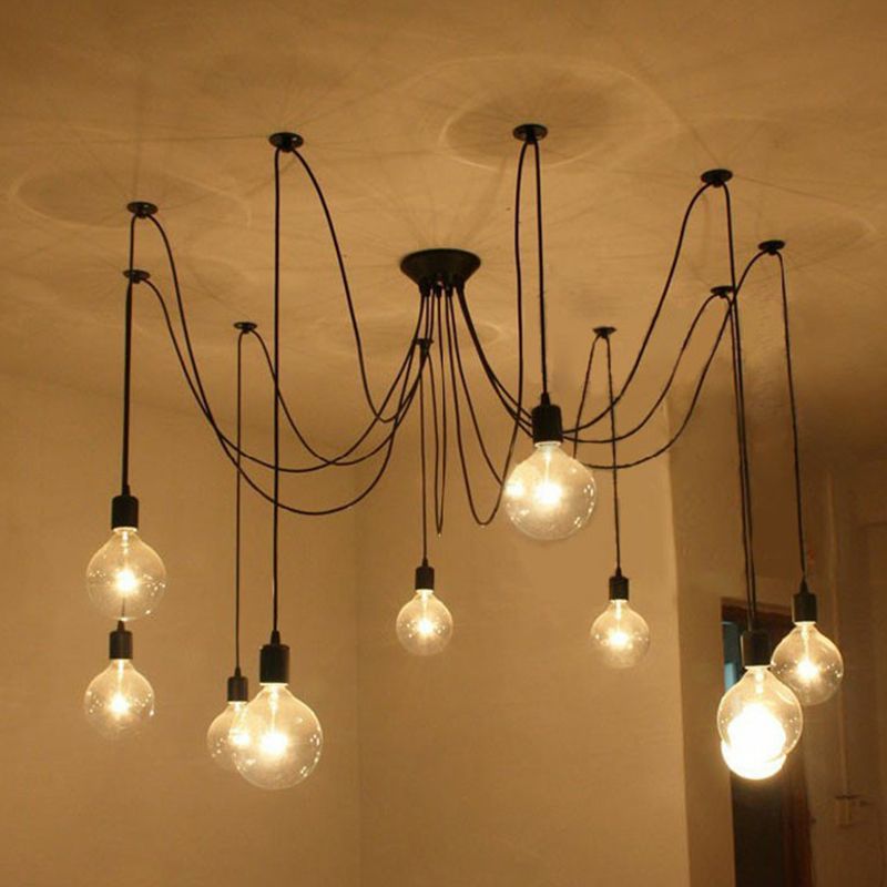 10 Heads Hanging Light Factory Naked Bulb Swag Pendant Lighting Fixture in Black