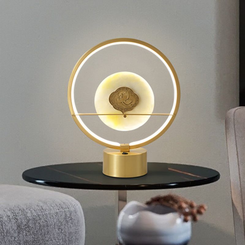 Nordic Style Ring Night Light Metallic LED Bedside Table Lighting with Round Jadeite Inside in Gold