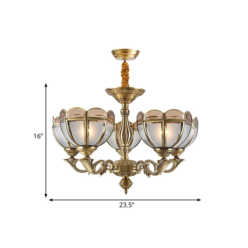 Beige Frosted Glass Gold Chandelier Lighting Dome 5/6 Bulbs Colonialist Hanging Ceiling Light