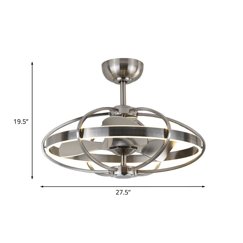 Cage Flush Mount Fan Light Modern Style Metal 3 Blades Nickel Finish LED Semi Flush Ceiling Light Fixture, 27.5" Width