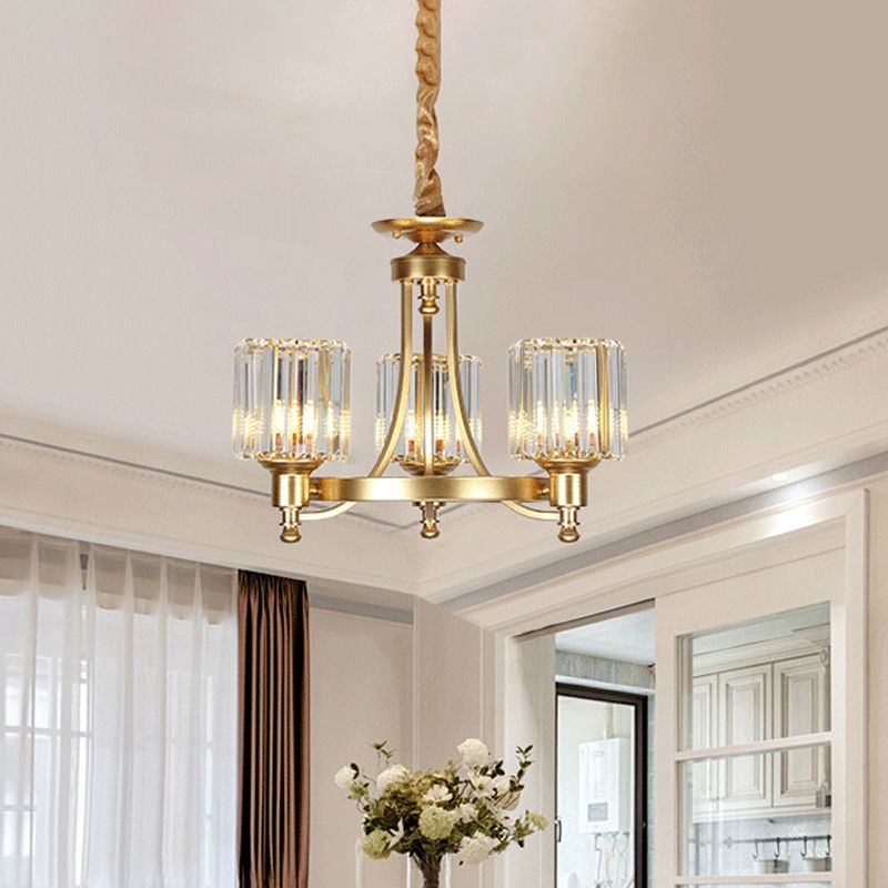 Metal Round Chandelier Lighting Contemporary 3/6-Bulb Gold Ceiling Pendant Light with Drum Crystal Prisms Shade