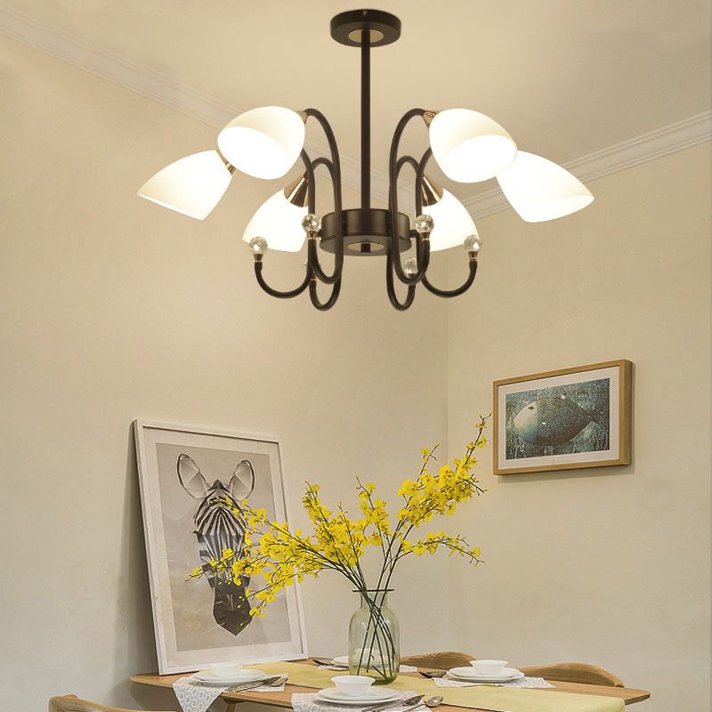 Black Curve Arm Hanging Ceiling Light Rustic 6/8/10 Heads Black Iron Chandelier Light with Cone Frosted Glass Shade