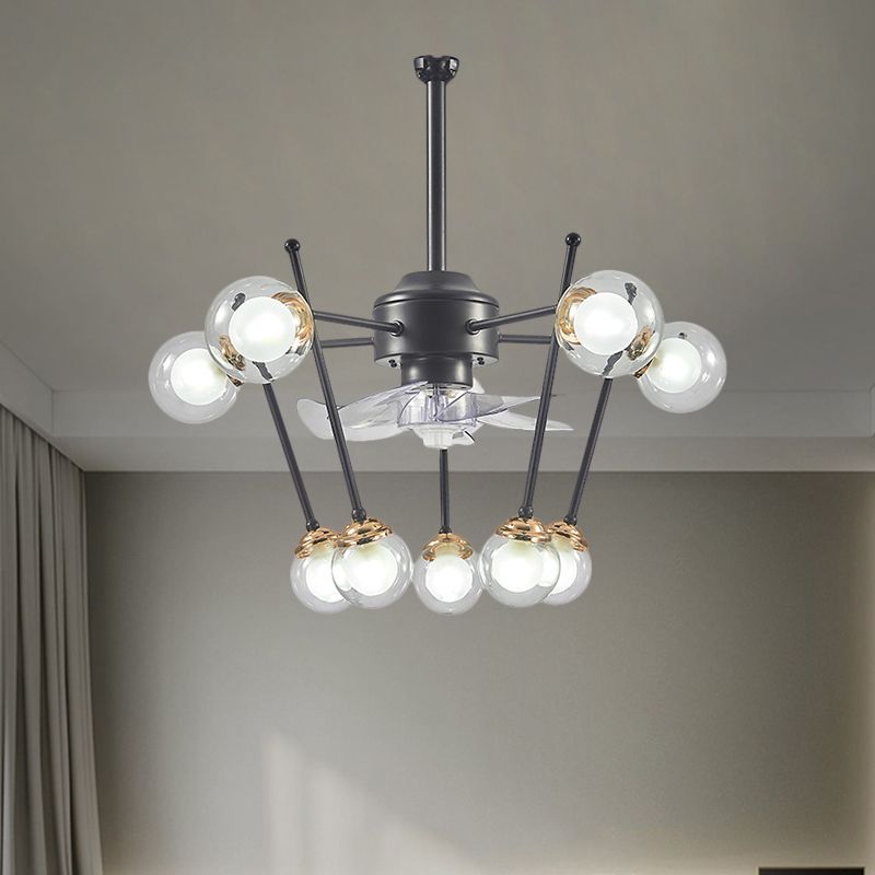 Sphere Parlour Hanging Fan Light Clear Glass 10 Heads 25.5" Width Modernism 4-Blade Semi Flush in Black