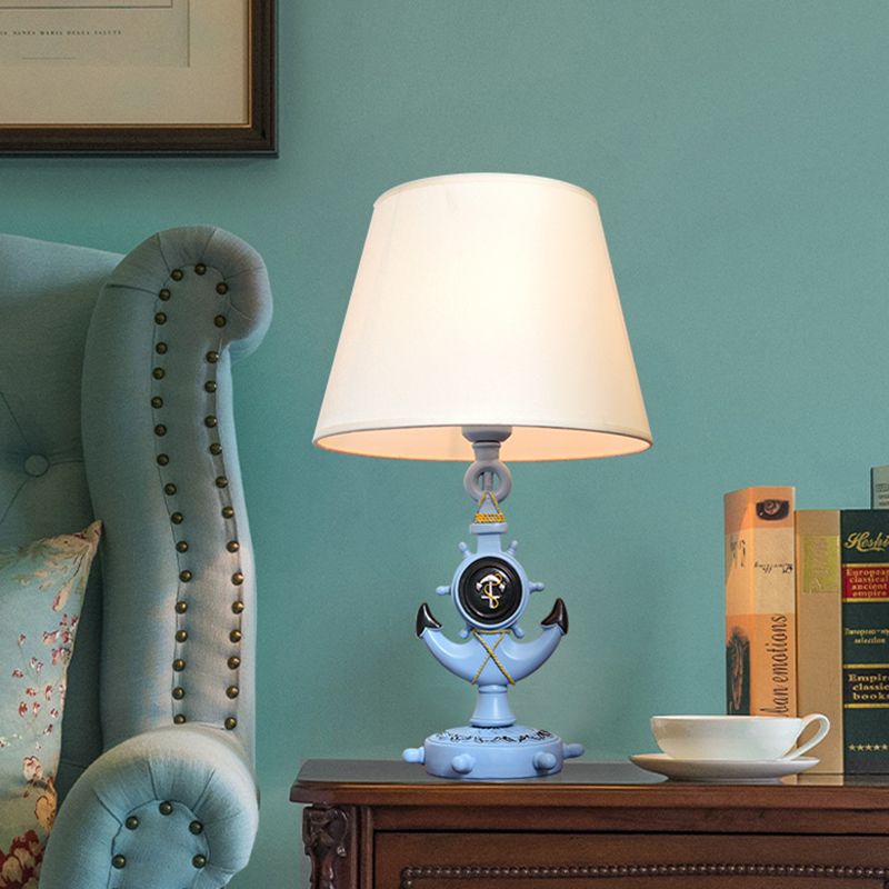 Anchor Shape Resin Night Table Light Mediterranean 1 Bulb Light Blue Desk Lamp with Barrel White Fabric Shade