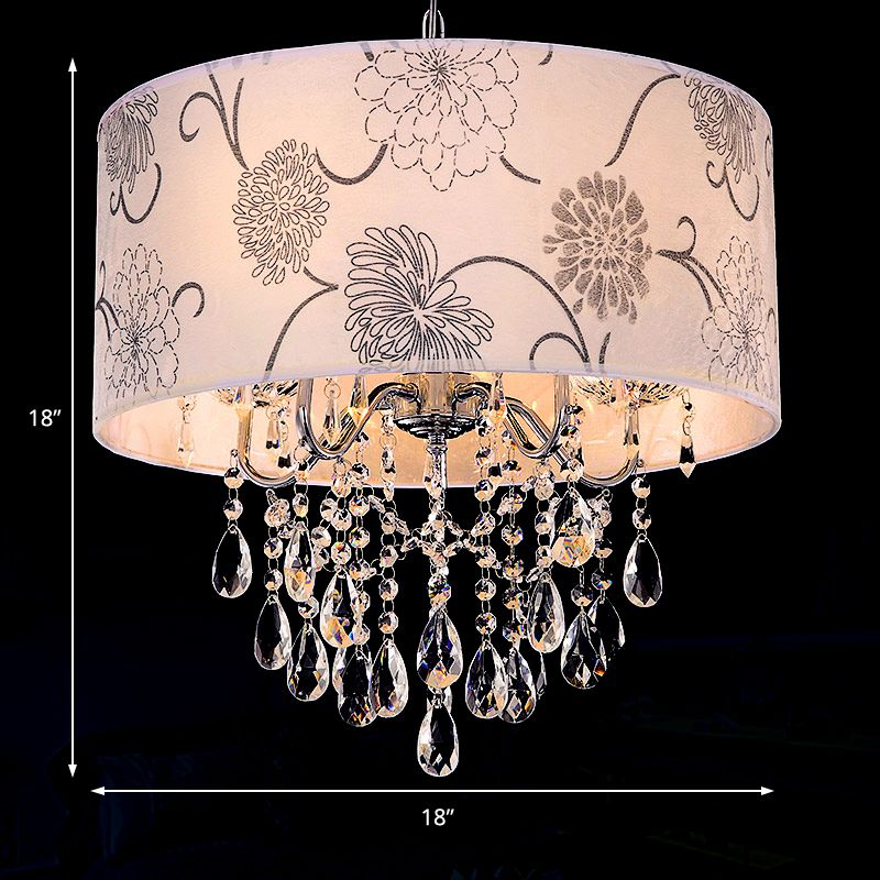 Contemporary Drum Chandelier Light White Fabric 5 Lights Hanging Fixture with Flower Pattern and Clear Crystal Bead