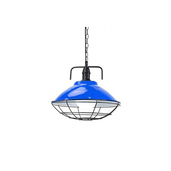 11 "/ 14" dia 1 dôme léger lampe suspendue industrielle Black / Blue Metal Pendant Lighting avec cage métallique pour intérieur