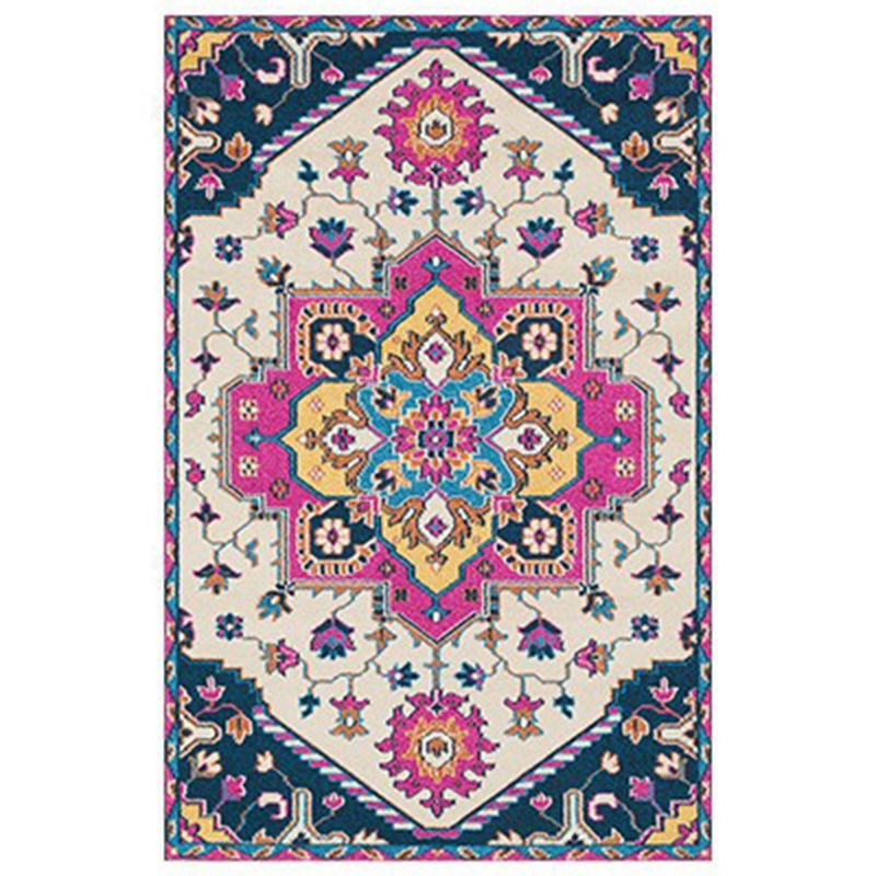 Red Tone Ethnic Print Rug Polyester Shabby Chic Carpet Non-Slip Backing Indoor Rug for Home Decor