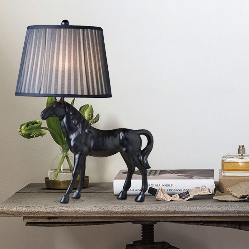 Steed Parlor Night Lamp Rustic Resin 1 Bulb Black Table Light with Gathered Fabric Lamp Shade