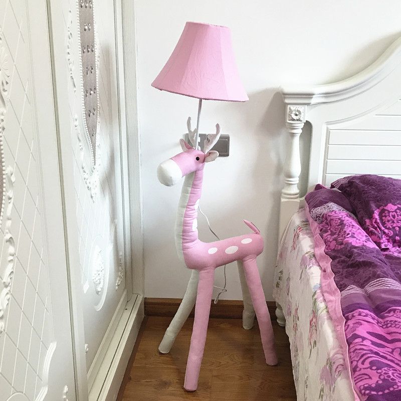 1 Bulb Sika Deer Floor Lamp with Tapered Shade Animal Fabric Floor Light in Pink for Girls Bedroom