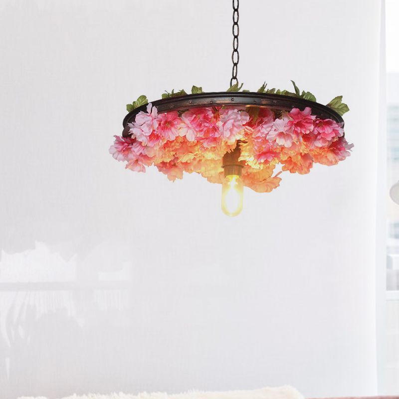 1 kop ijzeren hanger lichte boerderij roze/blauw bloem restaurant hangende lamp met wagenwielontwerp, 8,5 "/15"/19 "breed