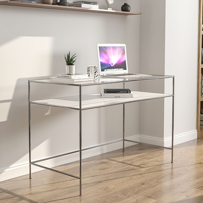 Contemporary Rectangular Writing Desk Glass H-Shape Office Desk