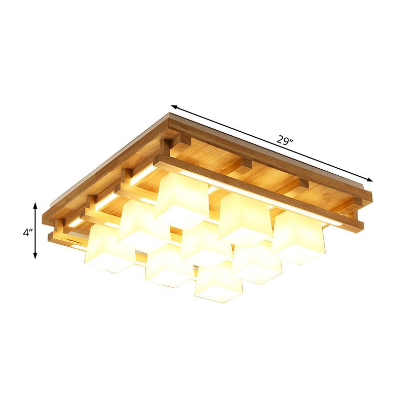 Wood Square Flush Mount Lighting Modernist 1/4/9 Lights Brown Led Flush Mount Light with White Glass Cubic Shade in White/Warm Light