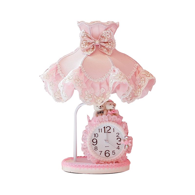 Pink Scalloped Night Light Kids 1 Head Fabric Nightstand Lighting with Clock Design for Girls Bedroom