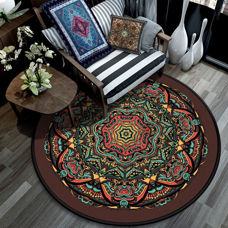 Retro Mandala Indoor Rug Dark Color Moroccan Carpet Polypropylene Non-Slip Pet Friendly Washable Rug for Sitting Room