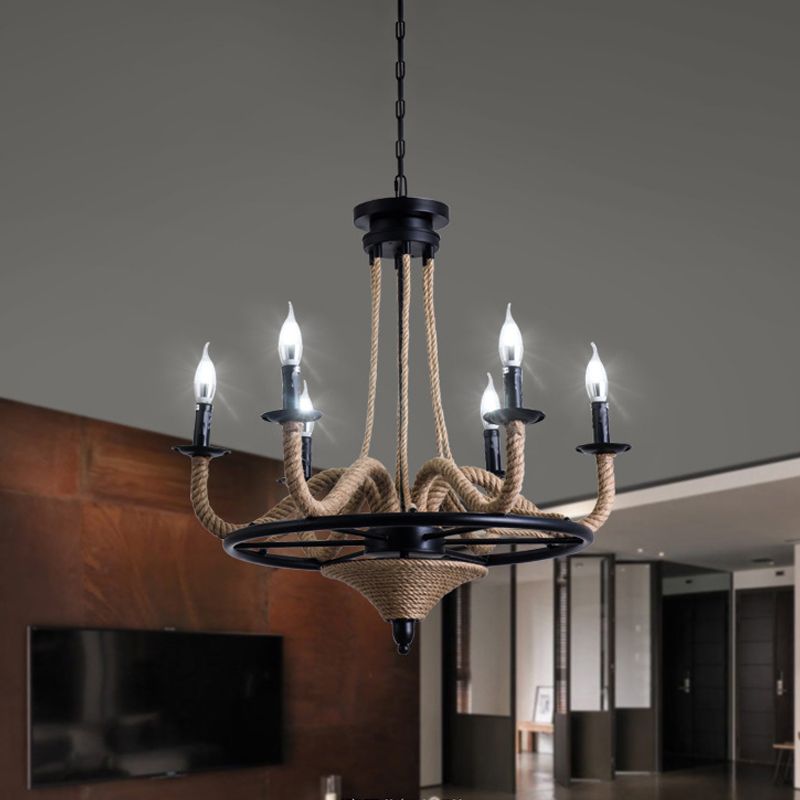 6 Bulb Chandelier Pendant Light Vintage Wagon Wheel Metal Hanging Lamp with Rope Detail in Black