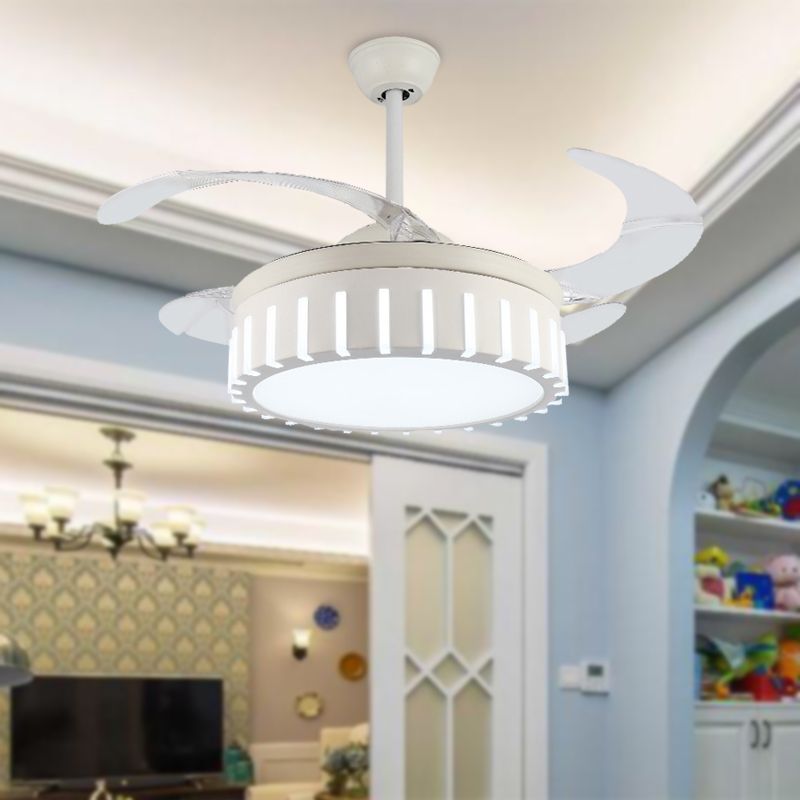 Simple Drum Semi Flush Ceiling Lamp Metal LED Pendant Fan Light in White with 4 Clear Blades for Bedroom, 42" Wide