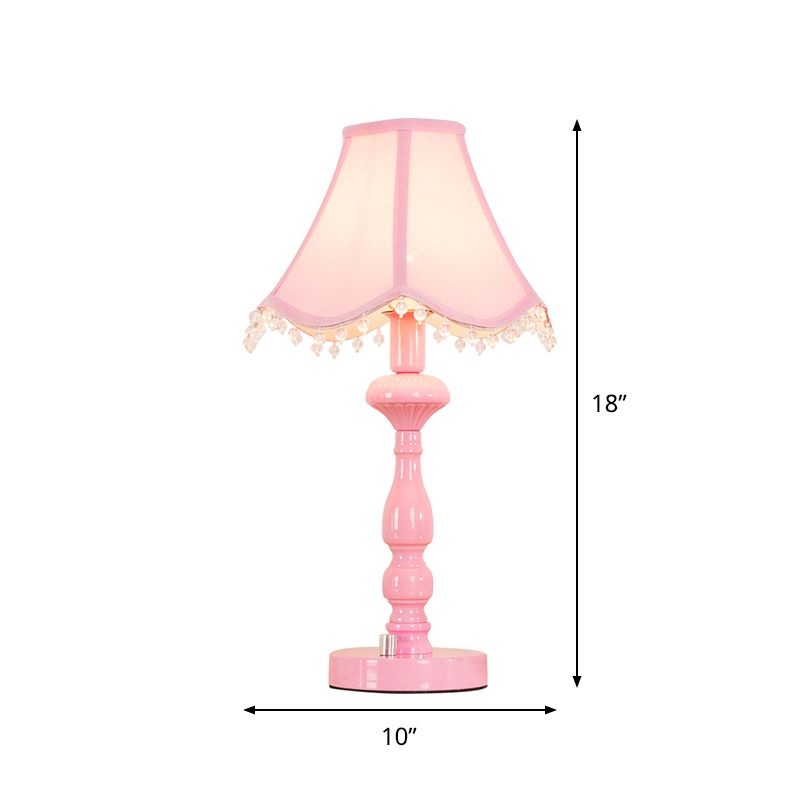 Scalloped Girls Bedroom Table Lamp Fabric 1 Light Contemporary Night Light in Pink with Clear Bead