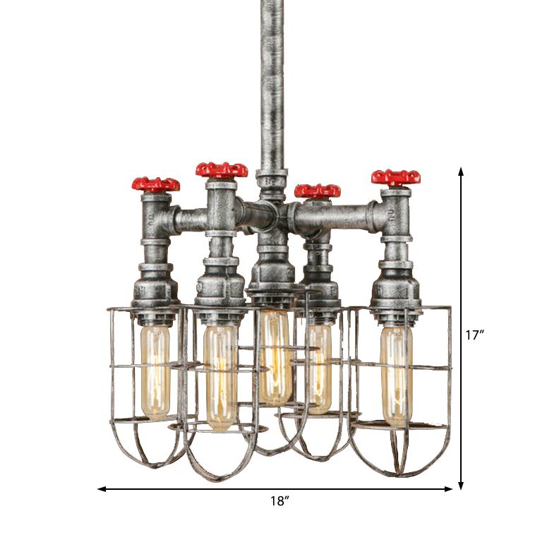 5 luces Ligera de techo de lámpara de vidrio de vidrio ámbar enjaulados en plata con plata con válvula