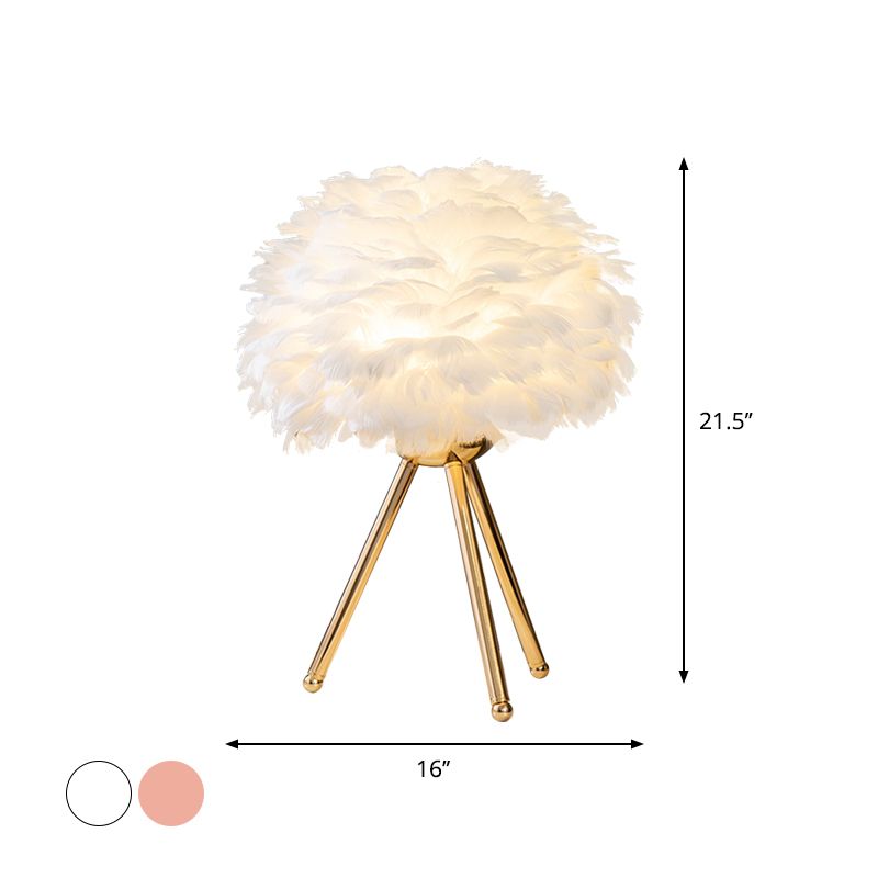 Bloom Nightstand Lamp Nordic Feather Single White/Pink Table Light with White/Gold Tripod for Bedroom