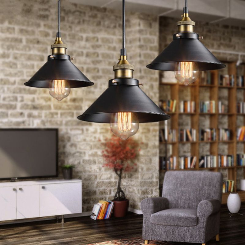 Black 1 Light Pendant Light Industrial Retro Tapered Shade Metal Hanging Lamp  for Dining Room