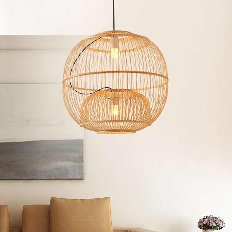 Bamboo Global Shade Pendse Lighting Contemporary Style 2 Lights Beige Hanging Lamp para restaurante, 14 "/16" W