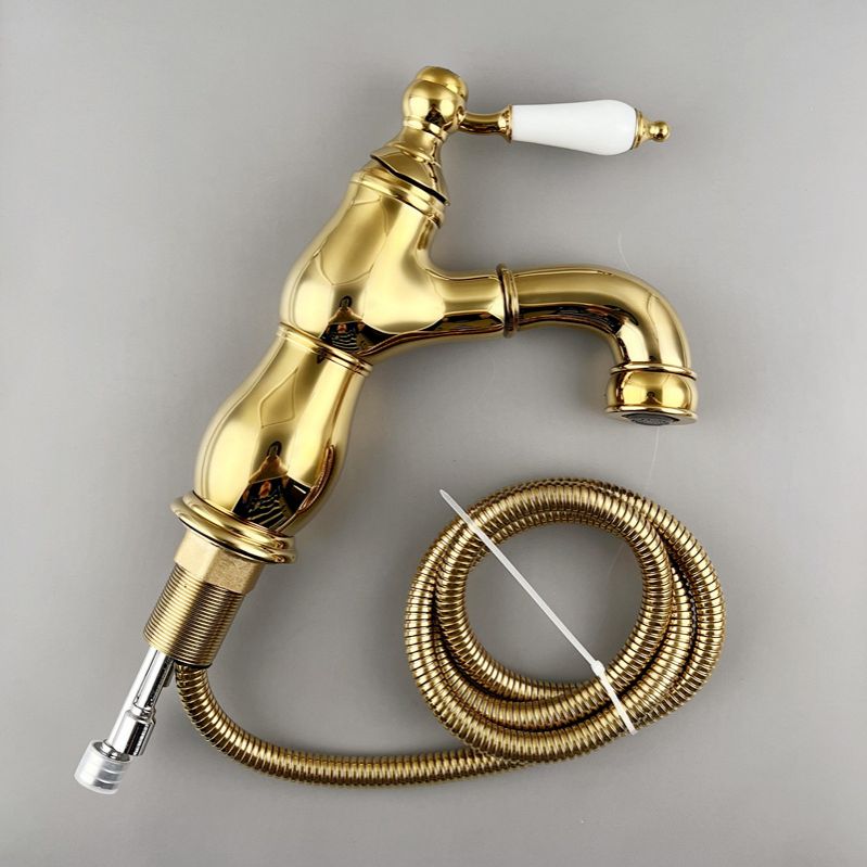 Vintage Bathroom Basin Faucet Full Brass Pull-out Ceramic Handle Sink Faucet with Drain